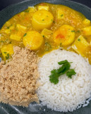 Bobó de Pupunha com arroz branco e farofa